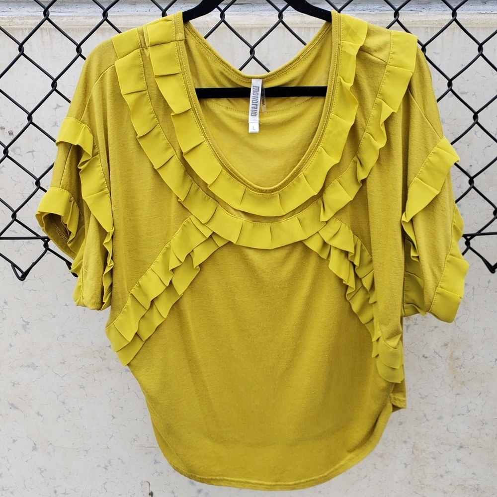 Boutique chartreuse ruffle dolman shirt